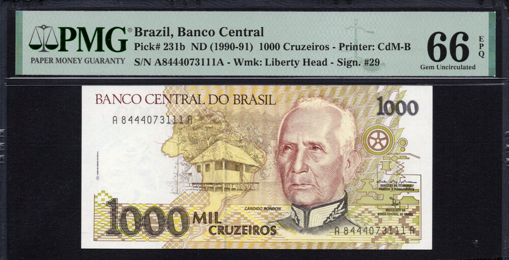 Brazil -  1000 Cruzeiros 1990 - Pick # 231b - PMG 66 EPQ
