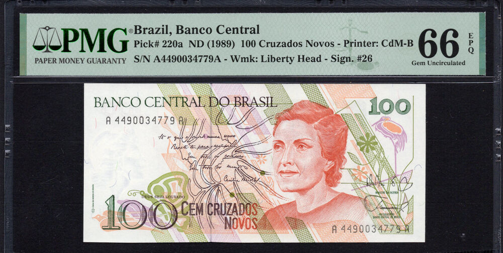 Brazil -  100 CruzaDos Novos 1989 - Pick # 220a - PMG 66 EPQ