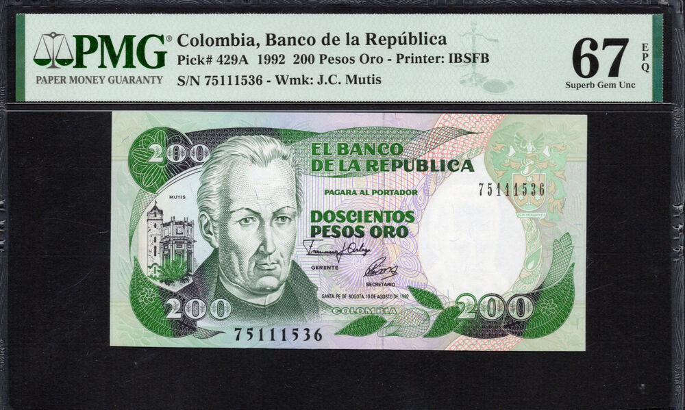 Colombia -  200 Pesos Oro 1992 - Pick # 429a - PMG 67 EPQ