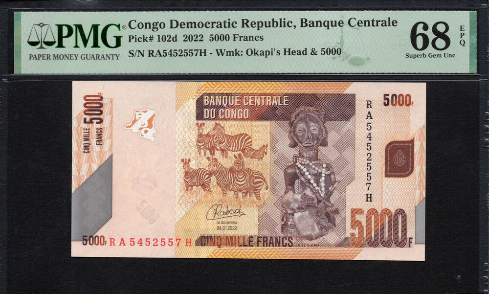Congo Democratic Republic -  5000 Francs 2022 - Pick # 102d - PMG 68 EPQ
