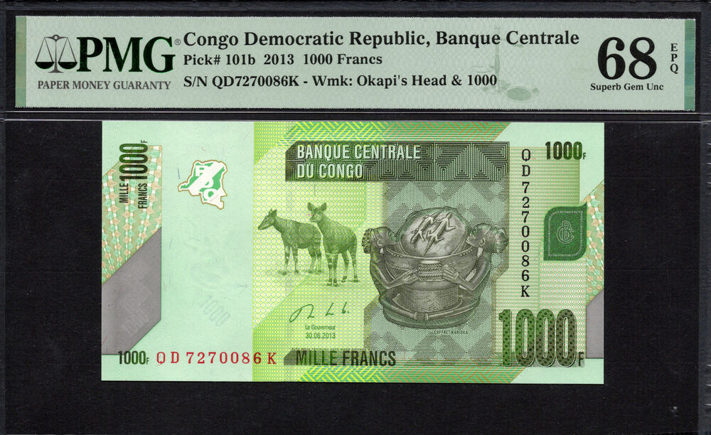 Congo Democratic Republic -  1000 Francs 2013 - Pick # 101b - PMG 68 EPQ
