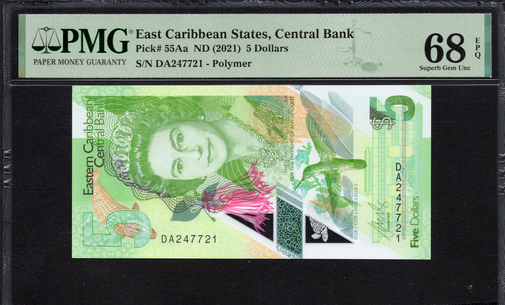 East Caribbean State -  5 Dollars 2021 - Pick # 55Aa - PMG 68 EPQ