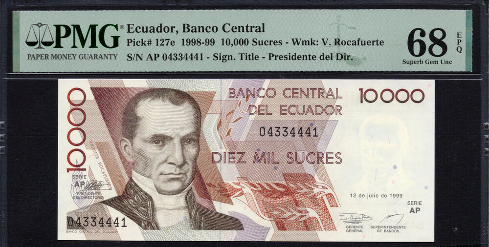 Ecuador -  10.000 Sucres 1998 - Pick # 127e - PMG 68 EPQ