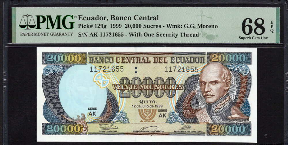 Ecuador -  20.000 Sucres 1999 - Pick # 129g - PMG 68 EPQ