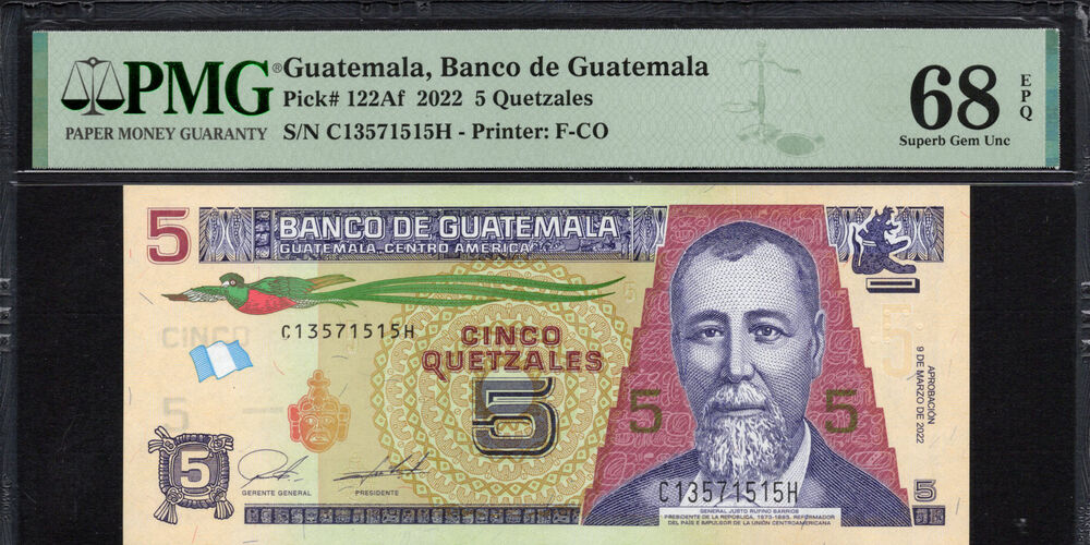 Guatemala -  5 Quetzales 2022 - Pick # 122Af - PMG 68 EPQ
