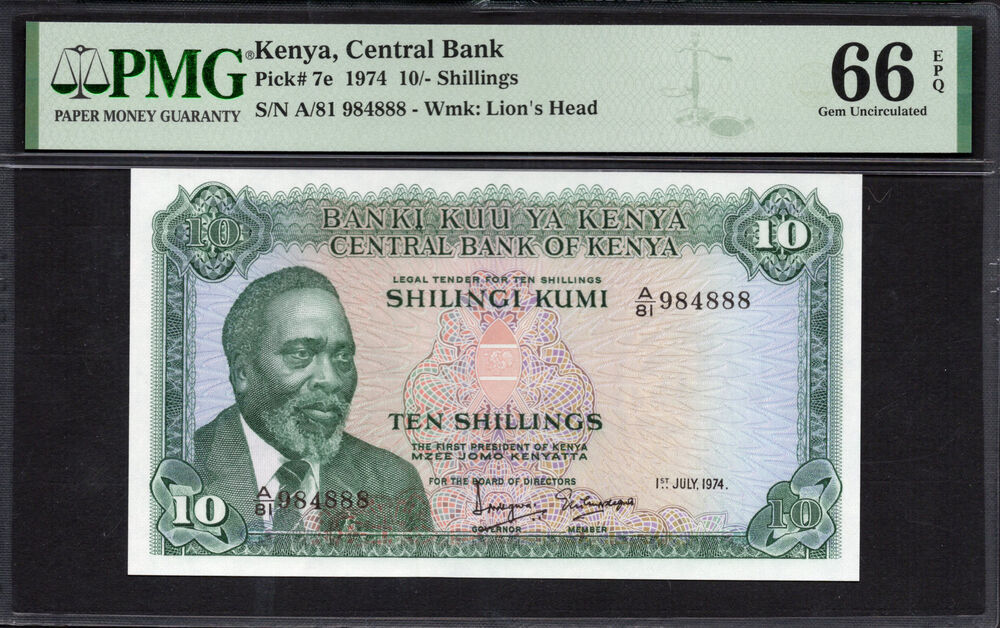 Kenya -  10 Shillings 1974 - Pick # 7e - PMG 66 EPQ