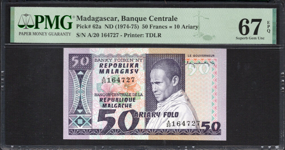 Madagascar -  50 Francs 1974 - Pick # 62a - PMG 67 EPQ