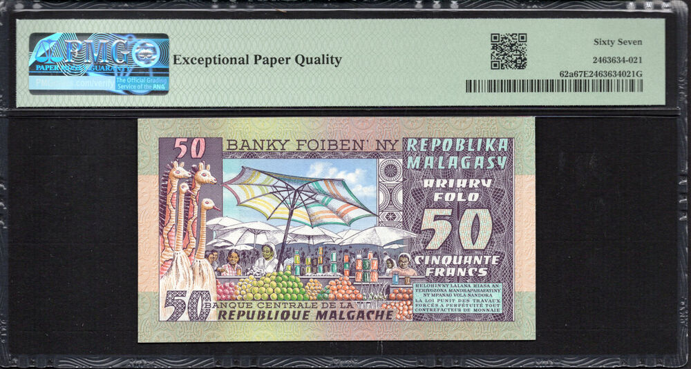 Madagascar -  50 Francs 1974 - Pick # 62a - PMG 67 EPQ