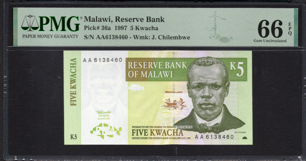 Malawi -  5 Kwacha 1997 - Pick # 36a - PMG 66 EPQ