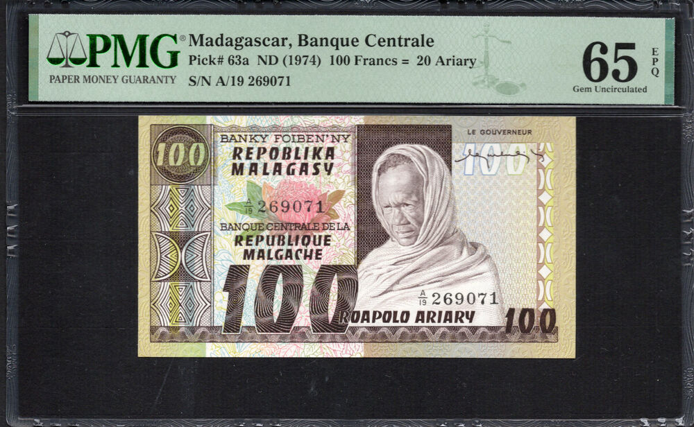Madagascar -  100 Francs 1974 - Pick # 63a - PMG 65 EPQ