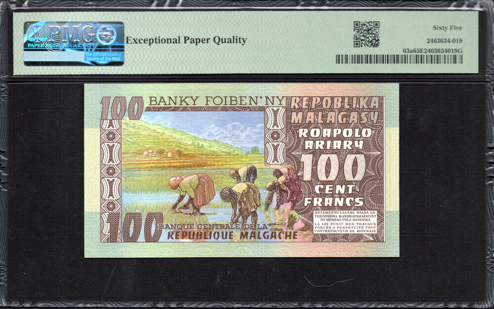 Madagascar -  100 Francs 1974 - Pick # 63a - PMG 65 EPQ