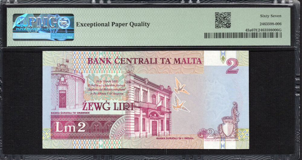 Malta -  2 Liri 1967 - Pick # 45a - PMG 67 EPQ