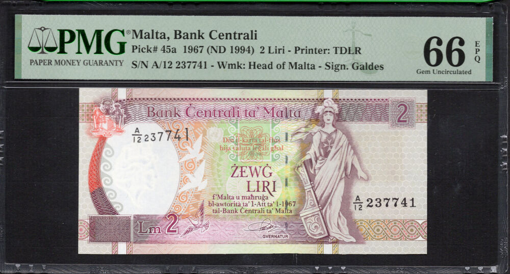 Malta -  2 Liri 1967 - Pick # 45a - PMG 66 EPQ