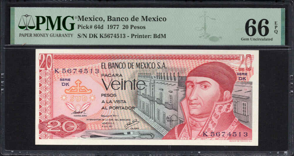 Mexico -  20 Pesos 1977 - Pick # 64d - PMG 66 EPQ