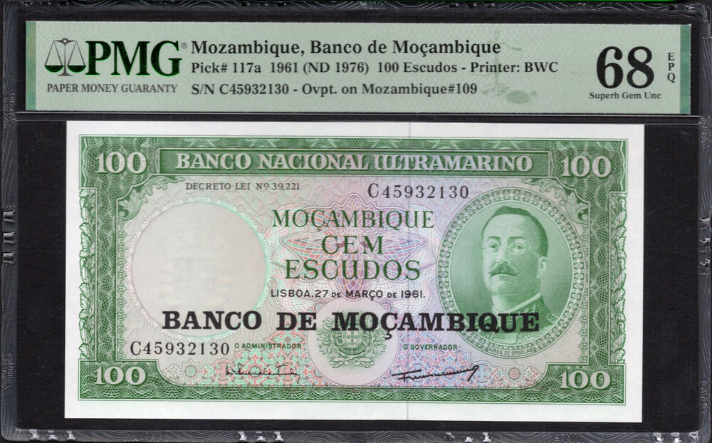 Mozambique -  100 Escudos 1961 - Pick # 117a - PMG 68 EPQ