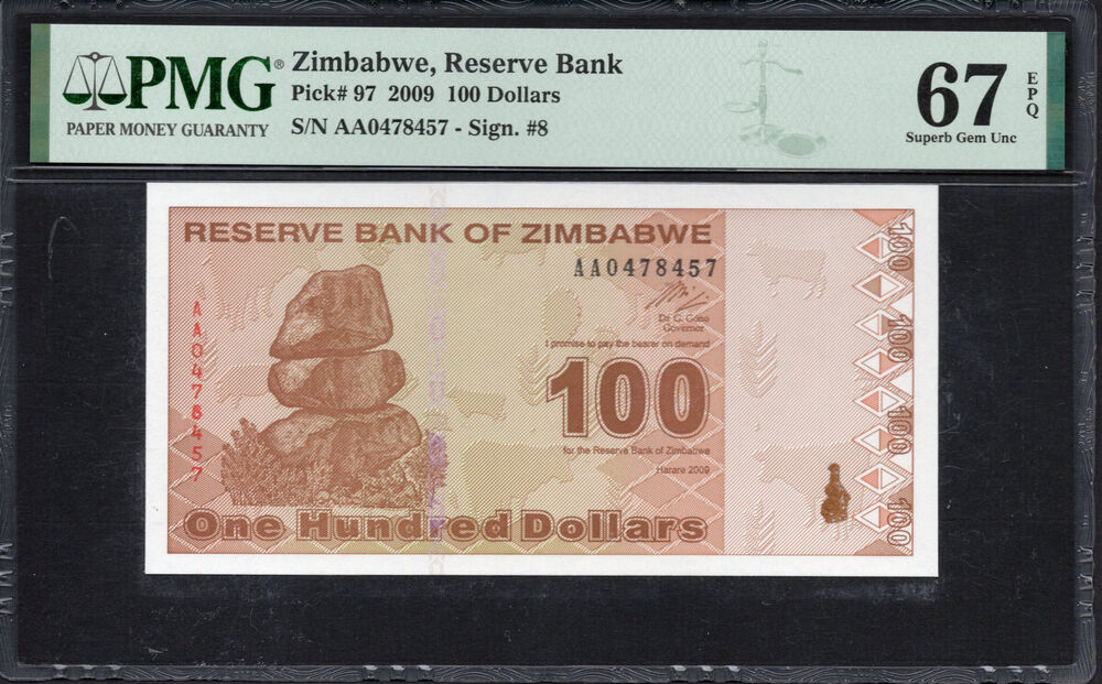 Zimbabwe -  100 Dollars 2009 - Pick # 97 - PMG 67 EPQ