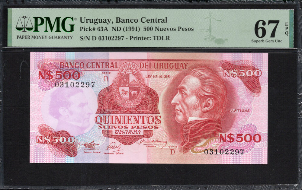 Uruguay -  500 Nuevos Pesos 1991 - Pick # 63A - PMG 67 EPQ
