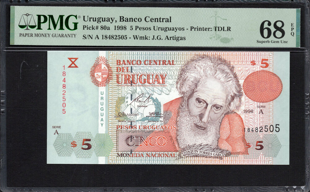 Uruguay -  5 Pesos Uruguayos 1998 - Pick # 80a - PMG 68 EPQ