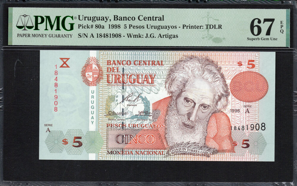 Uruguay -  5 Pesos Uruguayos 1998 - Pick # 80a - PMG 67 EPQ