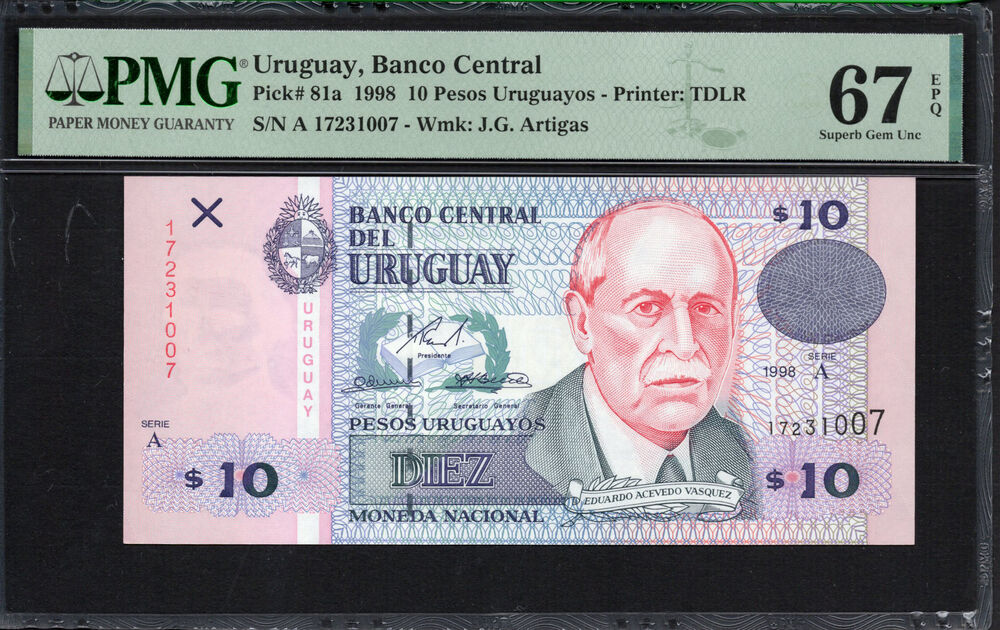 Uruguay -  10 Pesos Uruguayos 1998 - Pick # 81a - PMG 67 EPQ