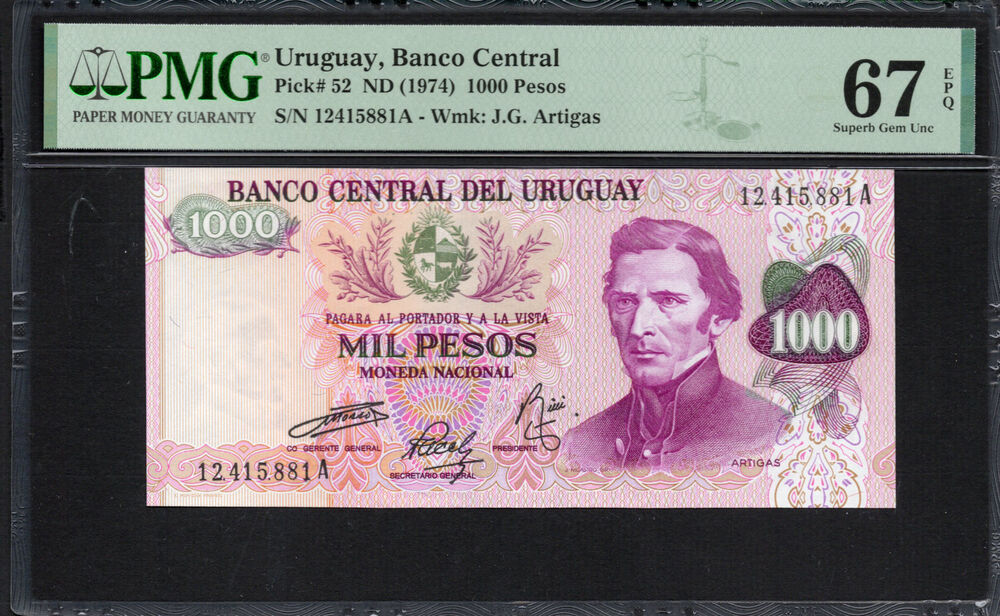 Uruguay -  1000 Pesos 1974 - Pick # 52 - PMG 67 EPQ