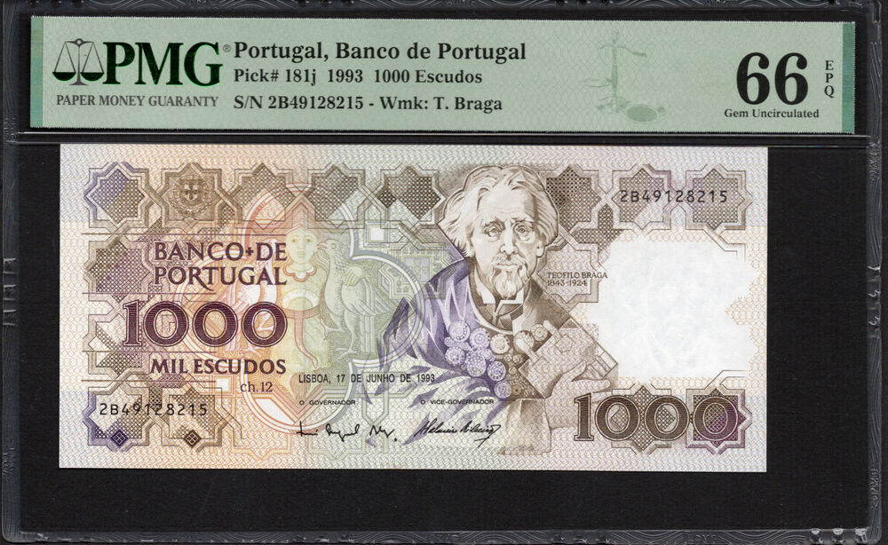 Portugal -  1000 Escudos 1993 - Pick # 181j - PMG 66 EPQ