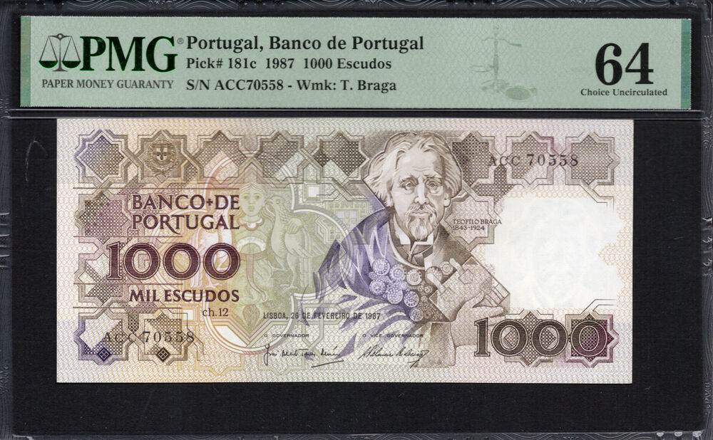 Portugal -  1000 Escudos 1987 - Pick # 181c - PMG 64