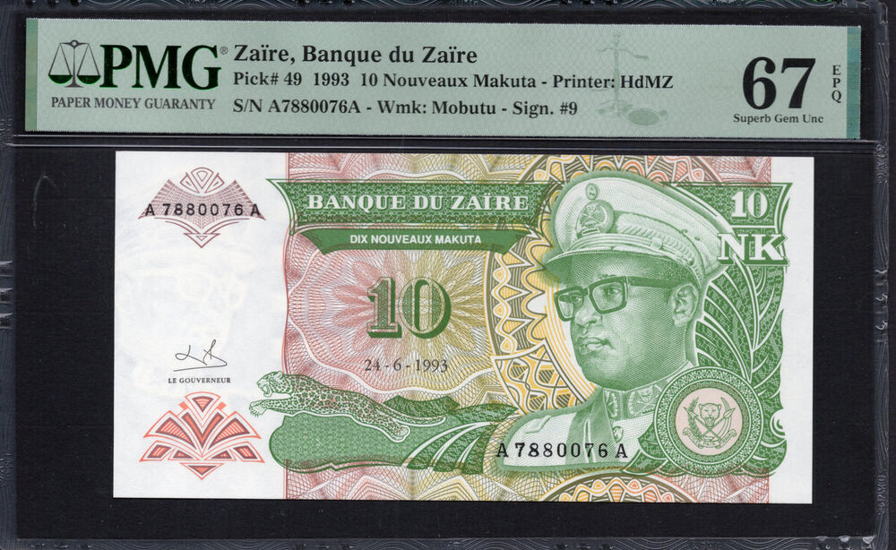 Zaire -  10 Nouveaux Makuta 1993 - Pick # 49 - PMG 67 EPQ