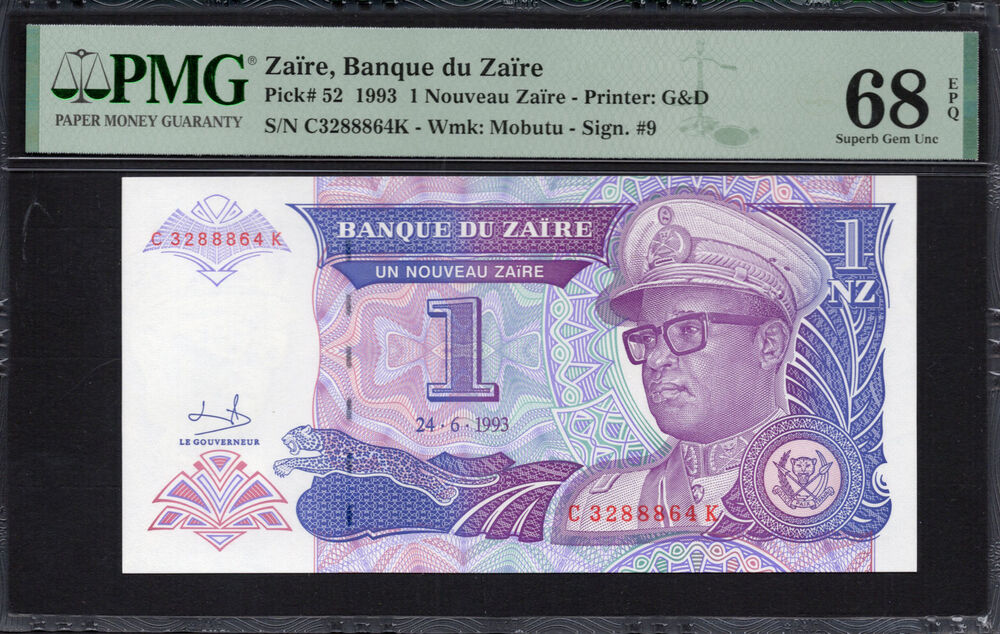 Zaire -  1 Nouveau Zaïre 1993 - Pick # 52 - PMG 68 EPQ