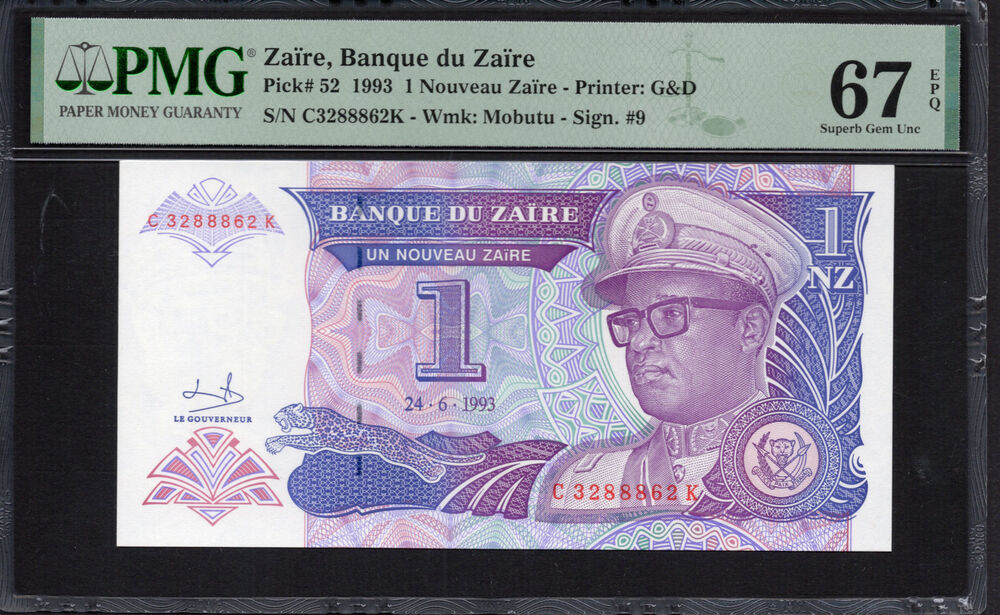 Zaire -  1 Nouveau Zaïre 1993 - Pick # 52 - PMG 67 EPQ
