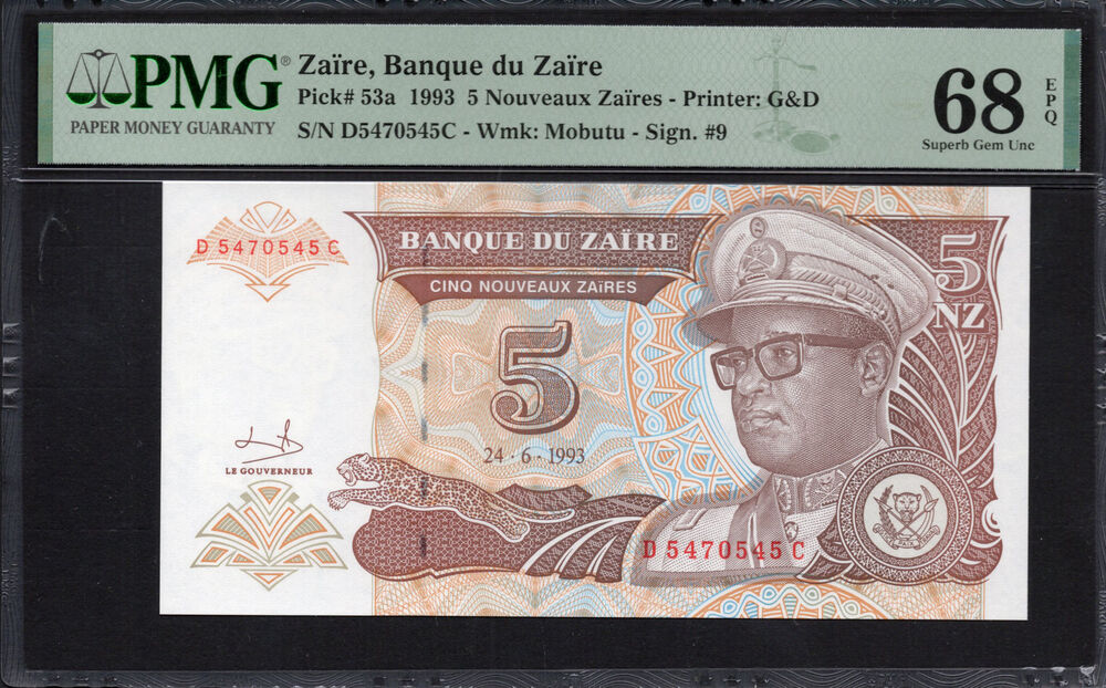 Zaire -  5 Nouveaux Zaires 1993 - Pick # 53a - PMG 68 EPQ