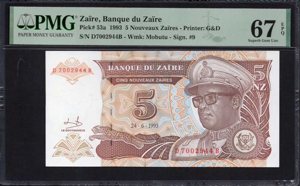 Zaire -  5 Nouveaux Zaïres 1993 - Pick # 53a - PMG 67 EPQ