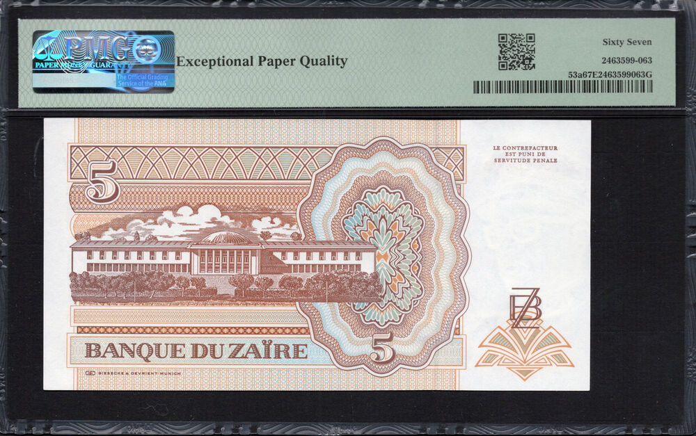Zaire -  5 Nouveaux Zaïres 1993 - Pick # 53a - PMG 67 EPQ