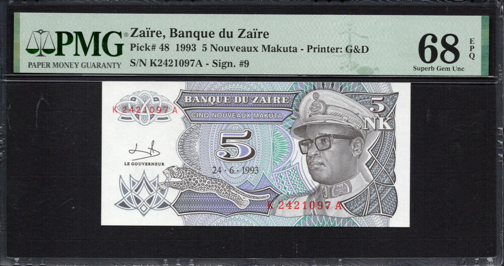 Zaire -  5 Nouveaux Makuta 1993 - Pick # 48 - PMG 68 EPQ