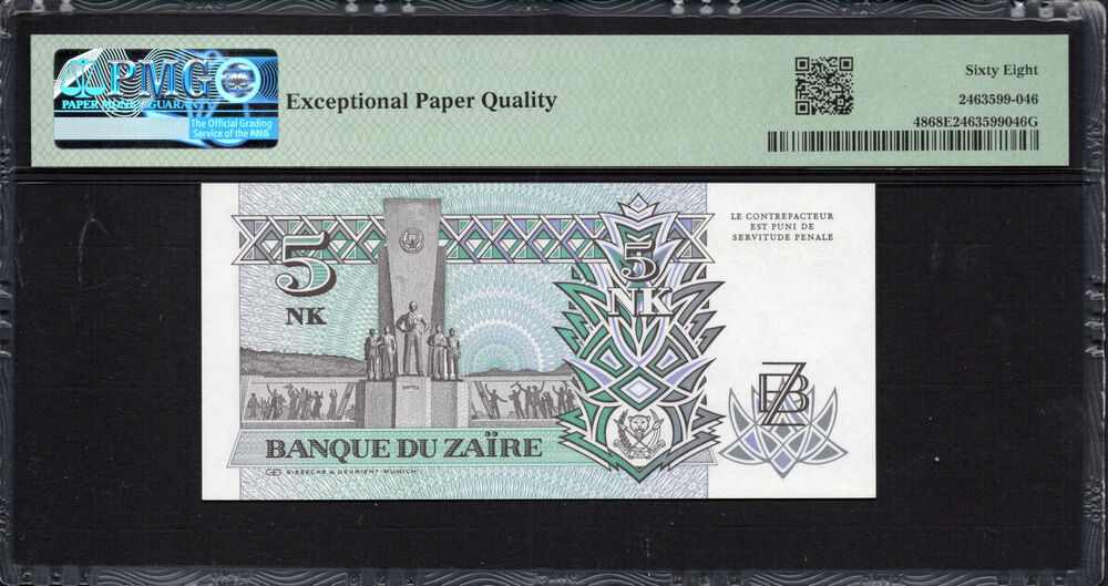 Zaire -  5 Nouveaux Makuta 1993 - Pick # 48 - PMG 68 EPQ