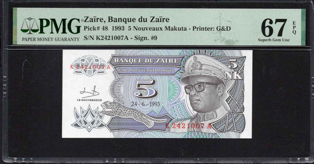 Zaire -  5 Nouveaux Makuta 1993 - Pick # 48 - PMG 67 EPQ