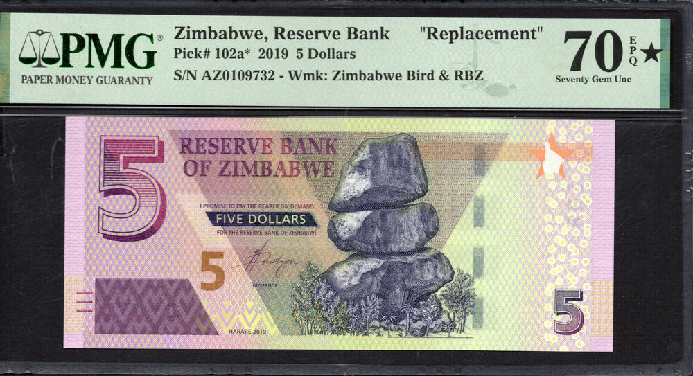 Zimbabwe -  5 Dollars 2019 - Pick # 102a* - PMG 70 EPQ★