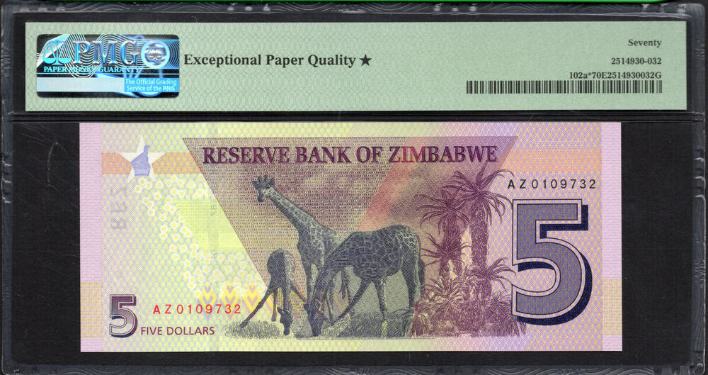 Zimbabwe -  5 Dollars 2019 - Pick # 102a* - PMG 70 EPQ★