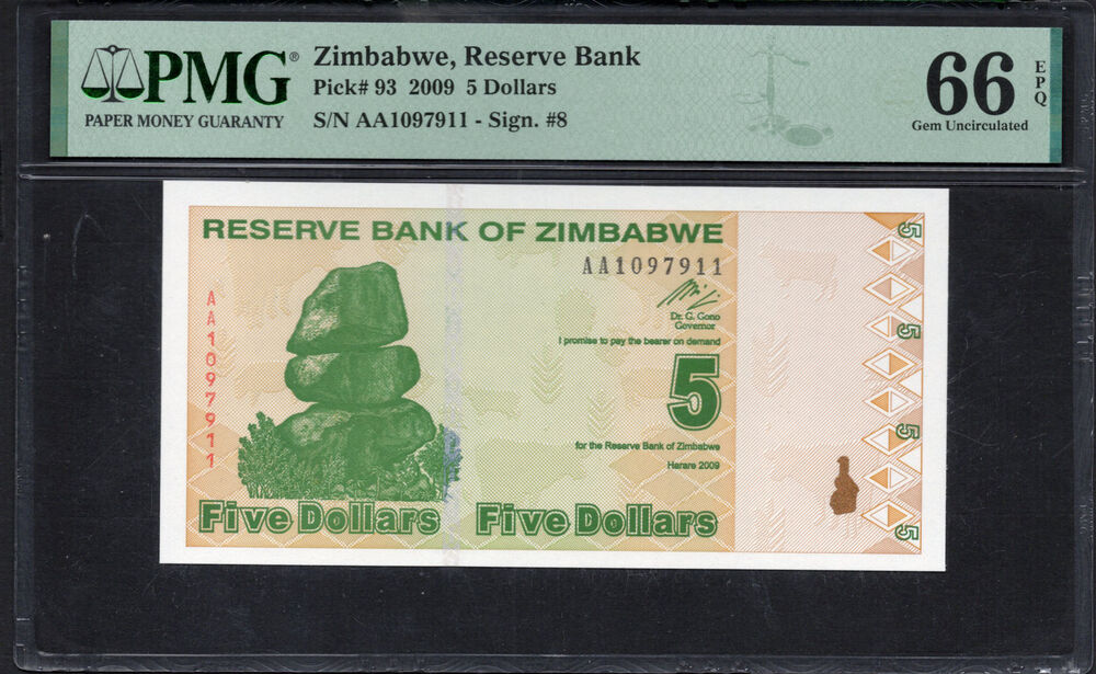 Zimbabwe -  5 Dollars 2009 - Pick # 93 - PMG 66 EPQ