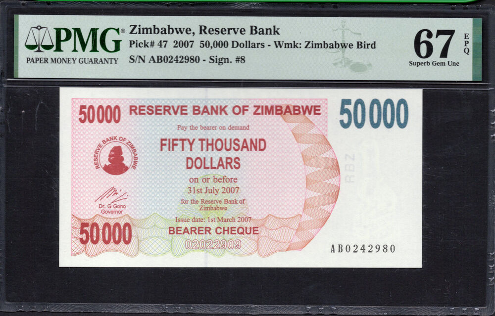 Zimbabwe -  50.000 Dollars 2007 - Pick # 47 - PMG 67 EPQ