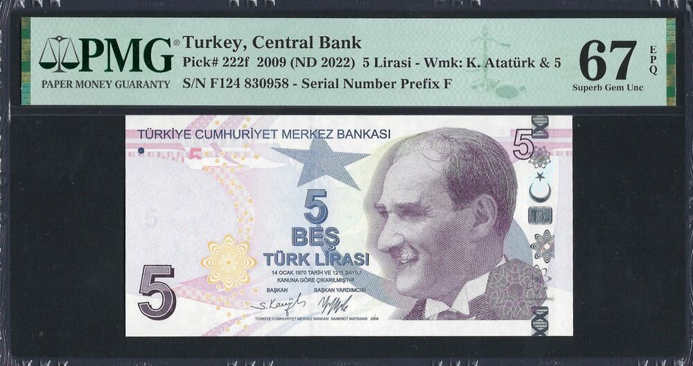 Turkey -  5 Lirasi 2009 - Pick # 222f - PMG 67 EPQ