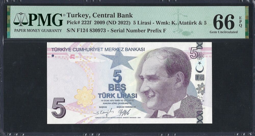 Turkey -  5 Lira 2009 - Pick # 222f - PMG 66 EPQ