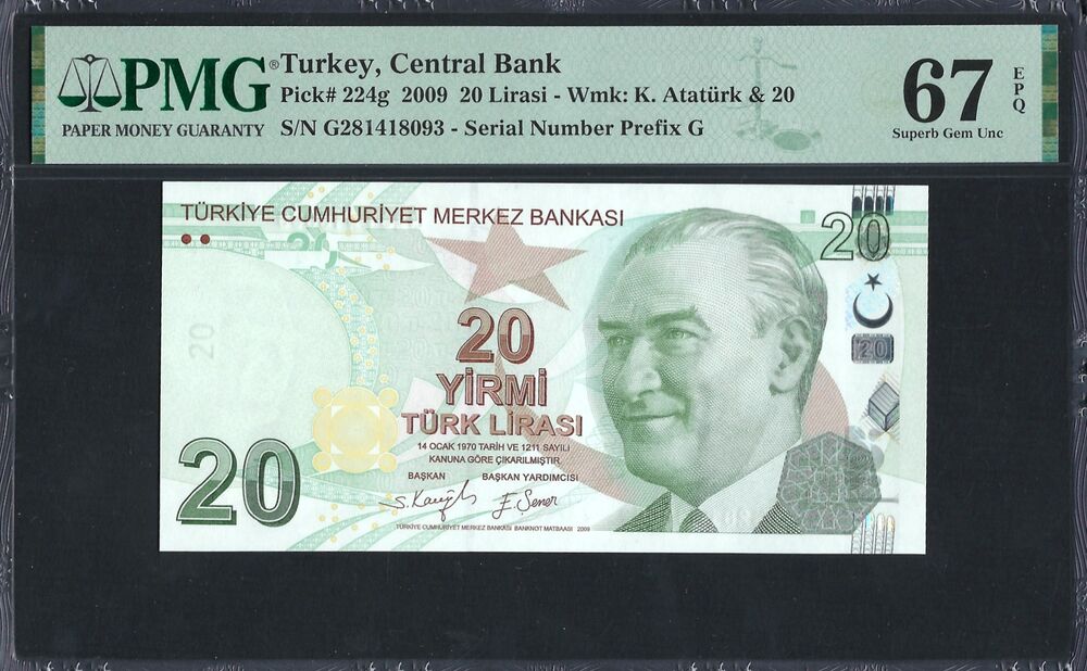 Turkey -  20 Lira 2009 - Pick # 224g - PMG 67 EPQ