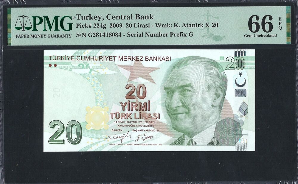 Turkey -  20 Lirasi 2009 - Pick # 224g - PMG 66 EPQ