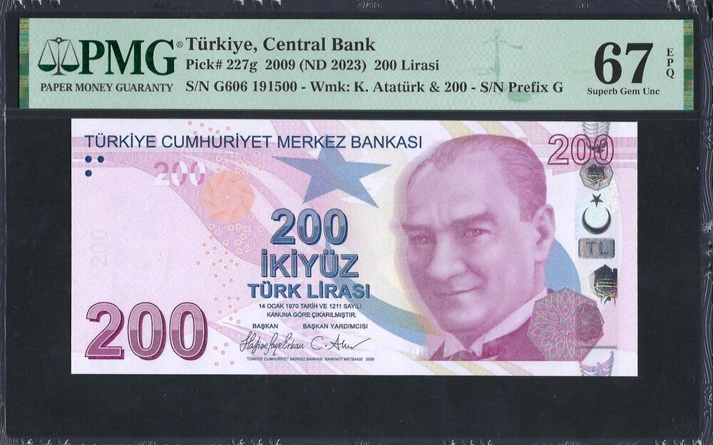 Turkey -  200 Lirasi 2009 - Pick # 227g - PMG 67 EPQ