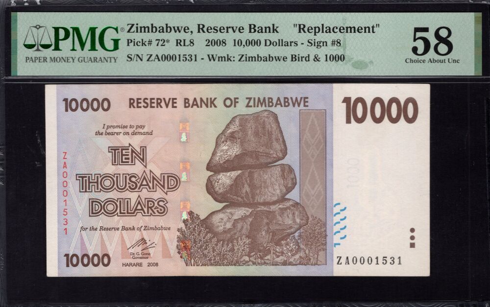 Zimbabwe -  10.000 Dollars 2008 - Pick # 72* - PMG 58