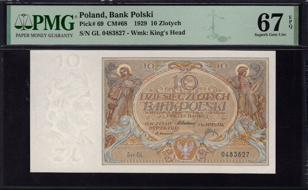 Poland -  10 Zlotych 1929 - Pick # 69 - PMG 67 EPQ