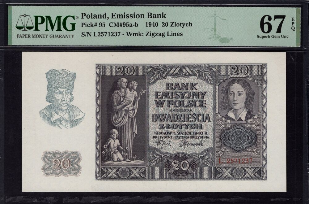 Poland -  20 Zlotych 1940 - Pick # 95 - PMG 67 EPQ
