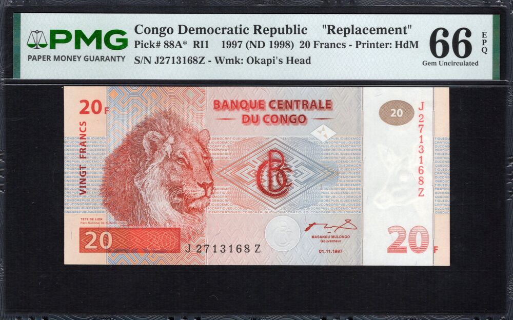 Congo Democratic Republic -  20 Francs 1997 - Pick # 88A* - PMG 66 EPQ
