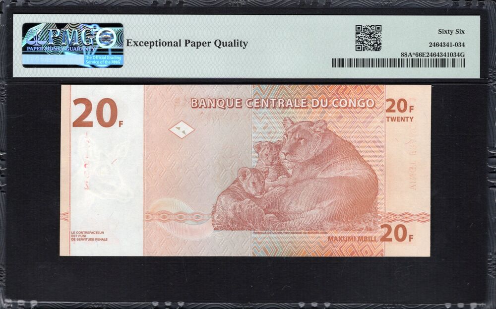 Congo Democratic Republic -  20 Francs 1997 - Pick # 88A* - PMG 66 EPQ
